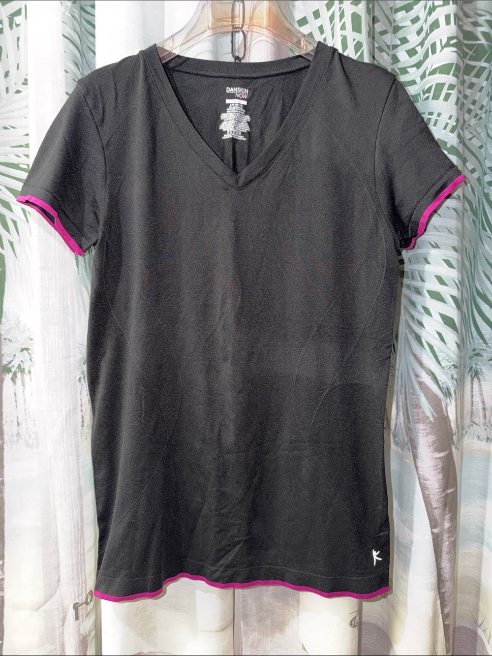 Danskin Now Black V-Neck Short Sleeve Tee with Pink Trim